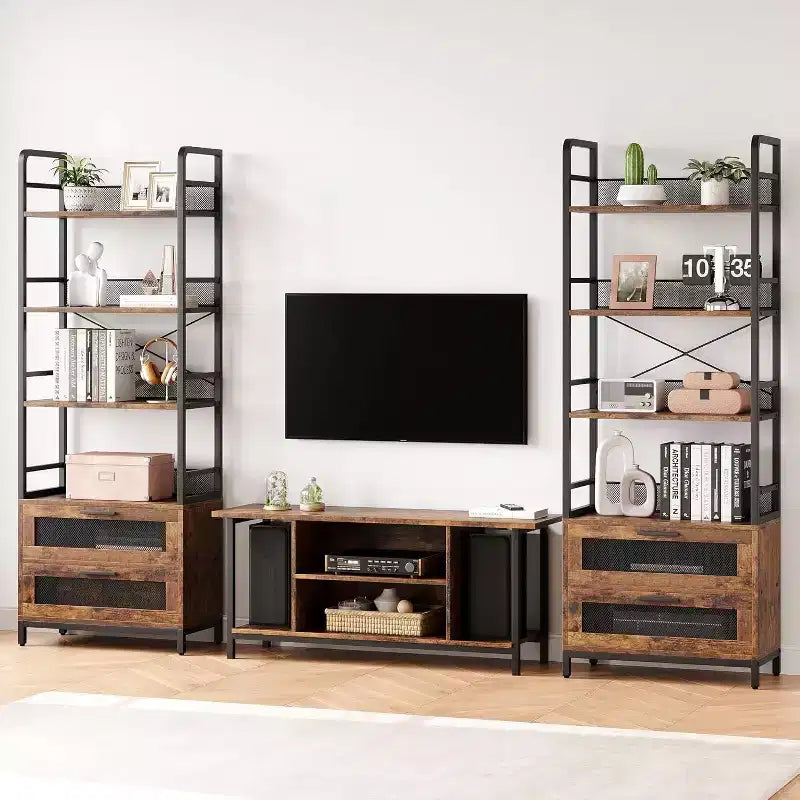 Acekool 70.9 Scaffale Industriale con Cassetti, Libreria Rustica a 4 Ripiani per Soggiorno, Camera da Letto, Ufficio, Marrone