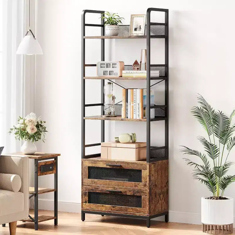 Acekool 70.9 Scaffale Industriale con Cassetti, Libreria Rustica a 4 Ripiani per Soggiorno, Camera da Letto, Ufficio, Marrone