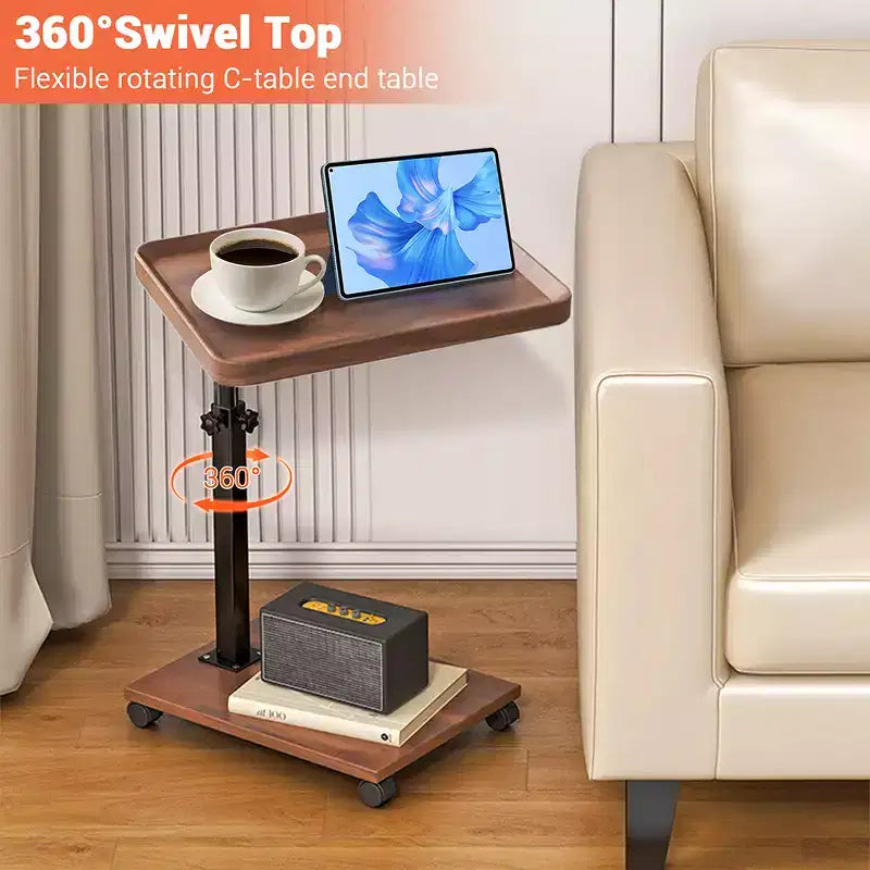 Tavolino laterale a C CuisinSmart, tavolini d'appoggio da divano piccoli, regolabili in altezza con piano girevole, tavolino vassoio per TV con ruote per soggiorno, camera da letto, divano