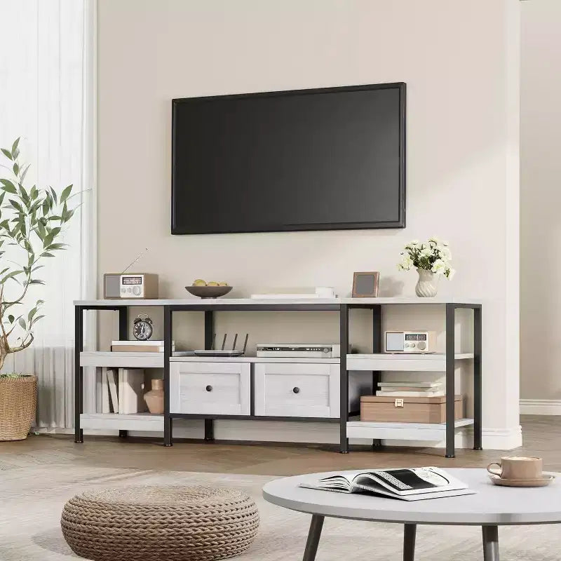 Mobile TV in stile industriale 63 - Porta TV per schermi fino a 65 pollici con 2 cassetti, ripiani aperti e struttura in metallo