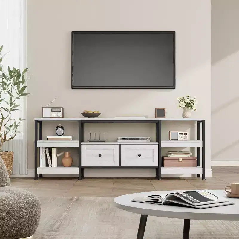 Mobile TV in stile industriale 63 - Porta TV per schermi fino a 65 pollici con 2 cassetti, ripiani aperti e struttura in metallo