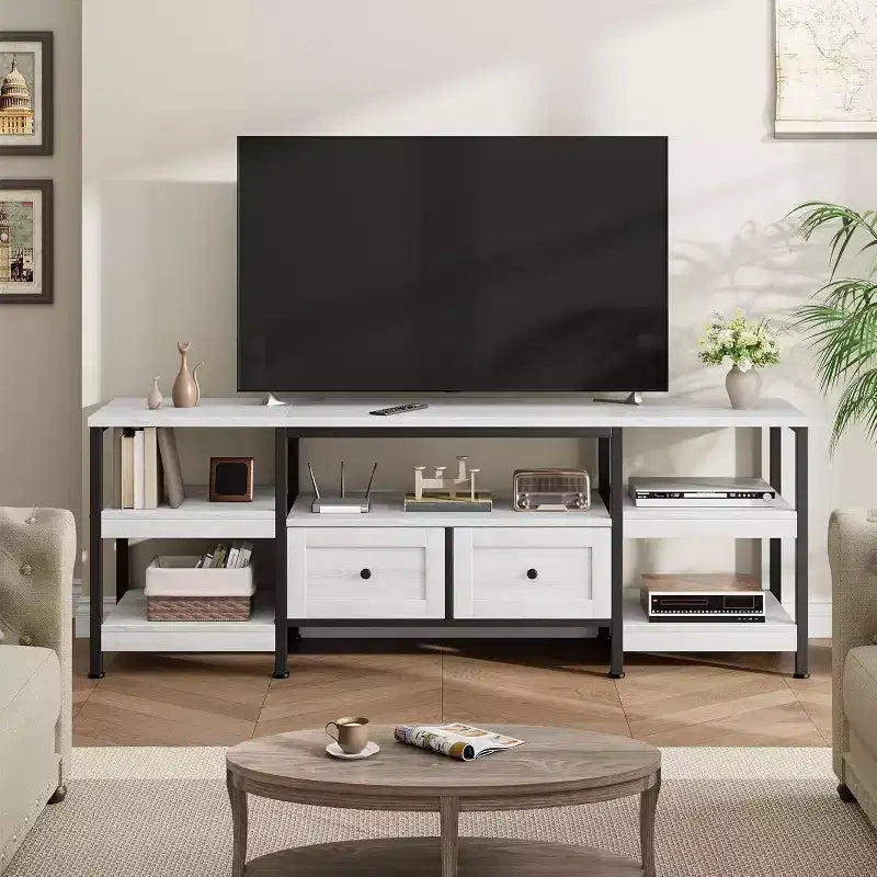 Industrial Style 63 TV Stand - Entertainment Center Holds 65 Screens w/2 Drawers, Open Shelves & Metal Frame