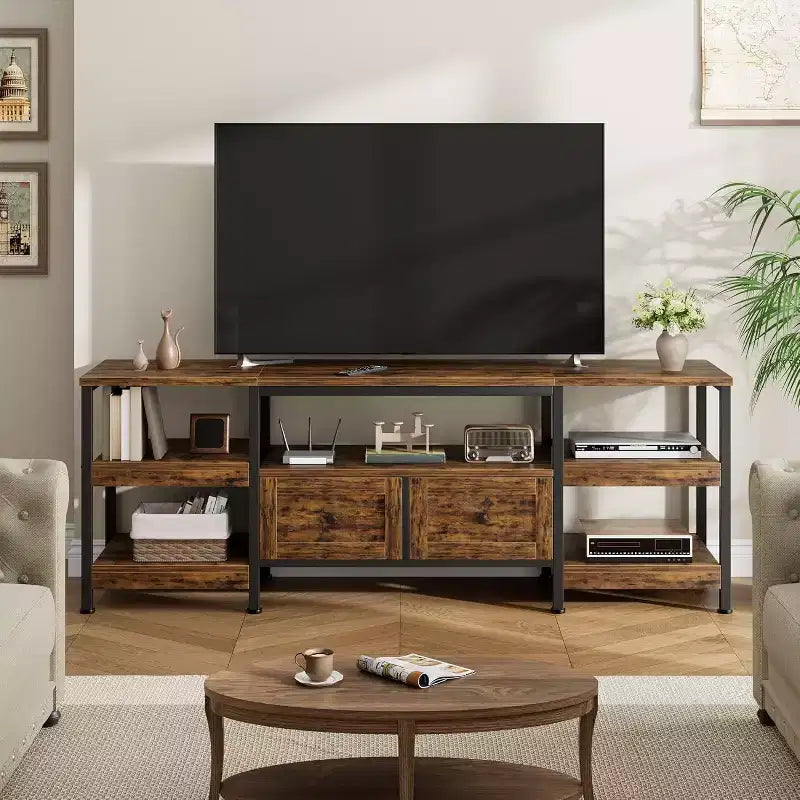 Mobile TV in stile industriale 63 - Porta TV per schermi fino a 65 pollici con 2 cassetti, ripiani aperti e struttura in metallo