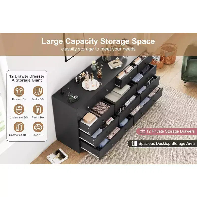 Comò a 12 cassetti, comò nero grande a 6 cassetti per camera da letto, comò e cassettiere in legno per camera da letto, soggiorno