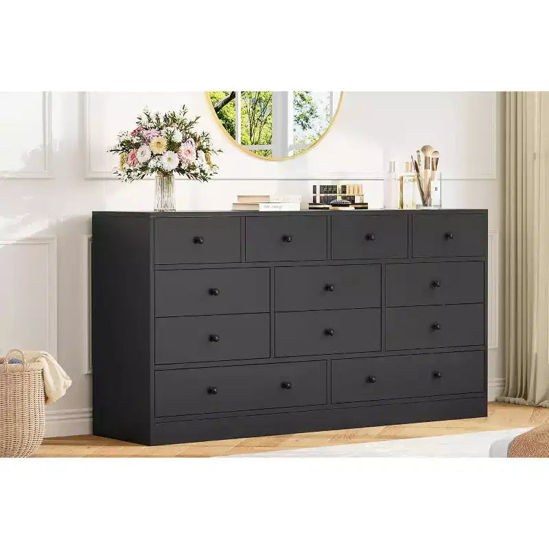 Comò a 12 cassetti, comò nero grande a 6 cassetti per camera da letto, comò e cassettiere in legno per camera da letto, soggiorno