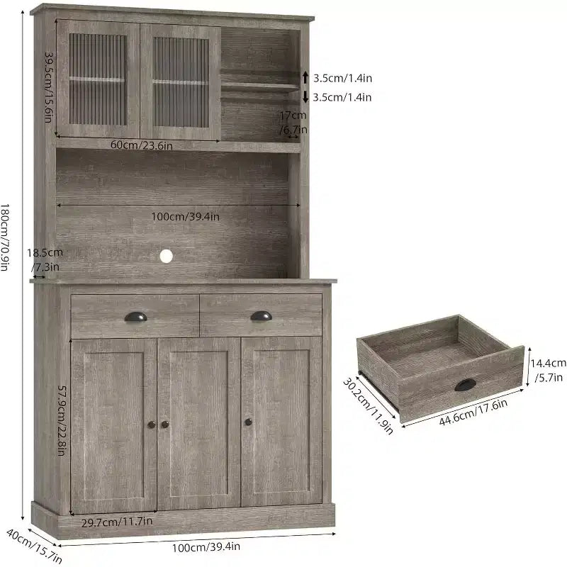 GustoWave Dispensa da cucina a 5 ante, dispensa alta 71 con supporto per microonde, credenza da cucina moderna, grigio rustico