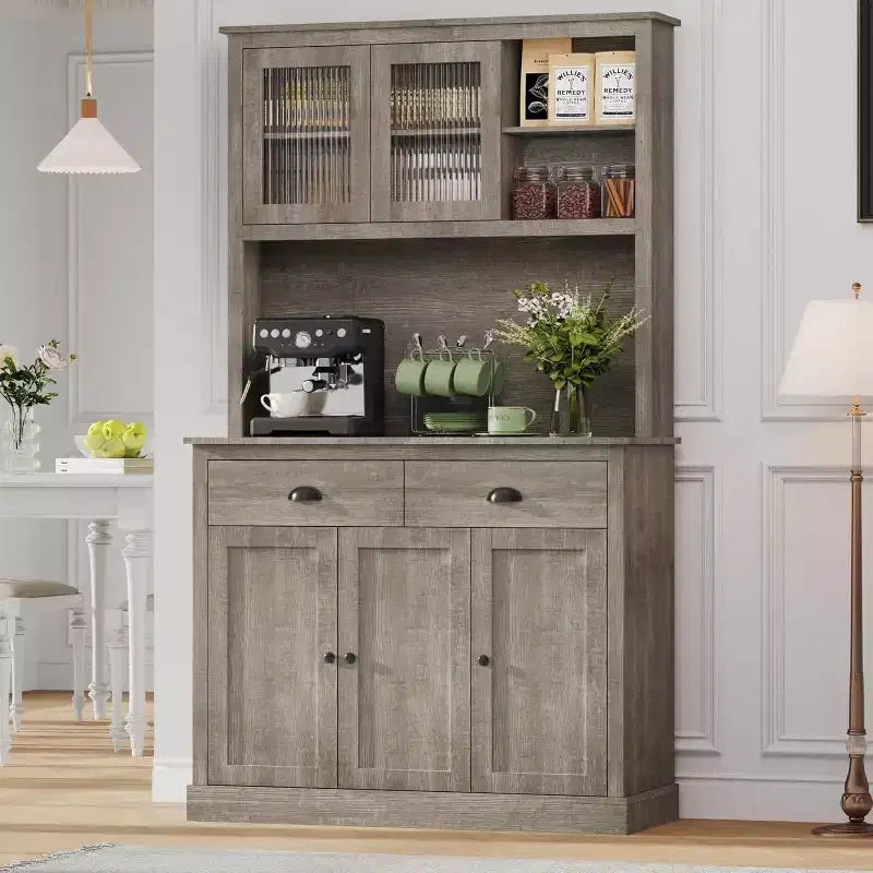 GustoWave Dispensa da cucina a 5 ante, dispensa alta 71 con supporto per microonde, credenza da cucina moderna, grigio rustico