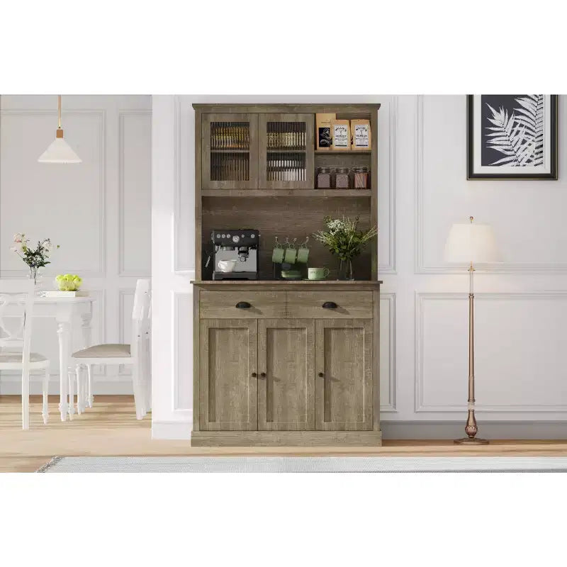 GustoWave Dispensa da cucina a 5 ante, dispensa alta 71 con supporto per microonde, credenza da cucina moderna, grigio rustico