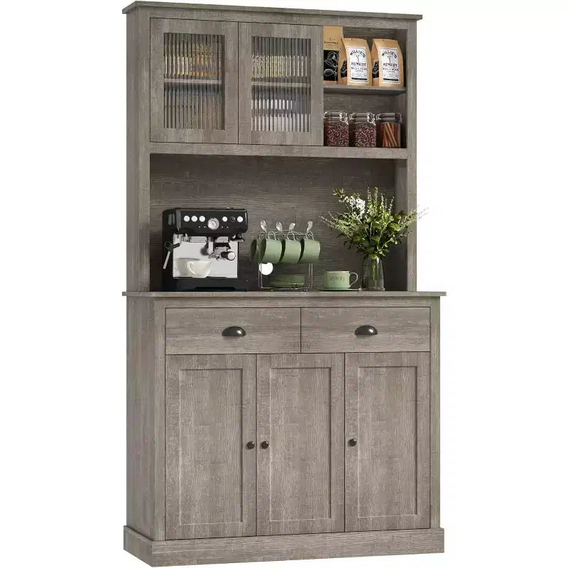 GustoWave Dispensa da cucina a 5 ante, dispensa alta 71 con supporto per microonde, credenza da cucina moderna, grigio rustico