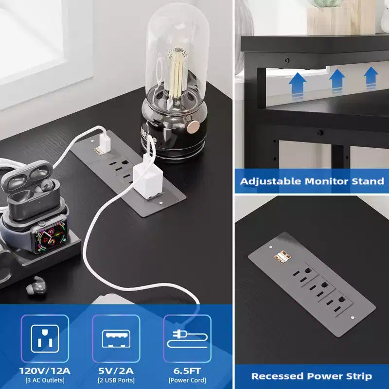 Scrivania a L reversibile da 54 pollici, scrivania angolare per computer, supporto per monitor, prese di corrente, luci LED, per casa, ufficio, camera da letto