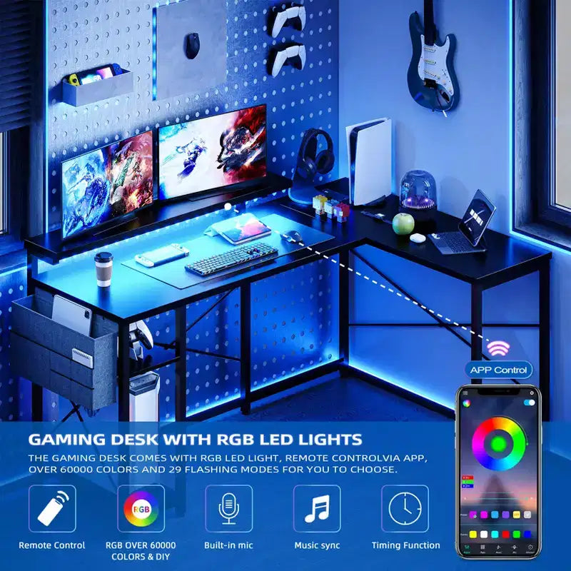 Scrivania a L reversibile da 54 pollici, scrivania angolare per computer, supporto per monitor, prese di corrente, luci LED, per casa, ufficio, camera da letto