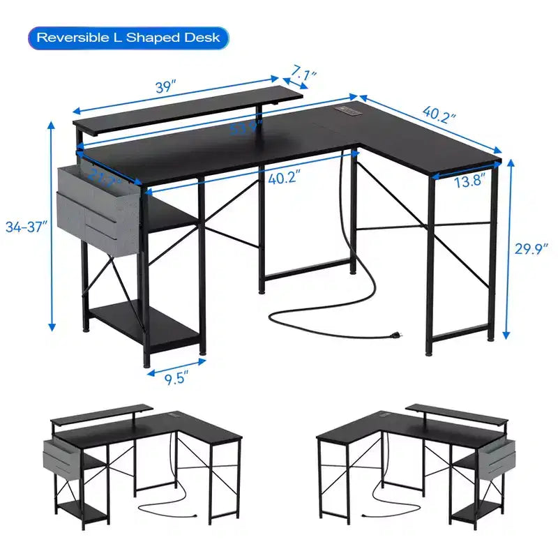Scrivania a L reversibile da 54 pollici, scrivania angolare per computer, supporto per monitor, prese di corrente, luci LED, per casa, ufficio, camera da letto