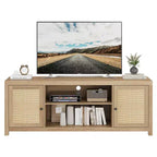 GustoWave Boho TV Stand, Rattan Entertainment Center with Adjustable Shelves & Storage, Natural Oak