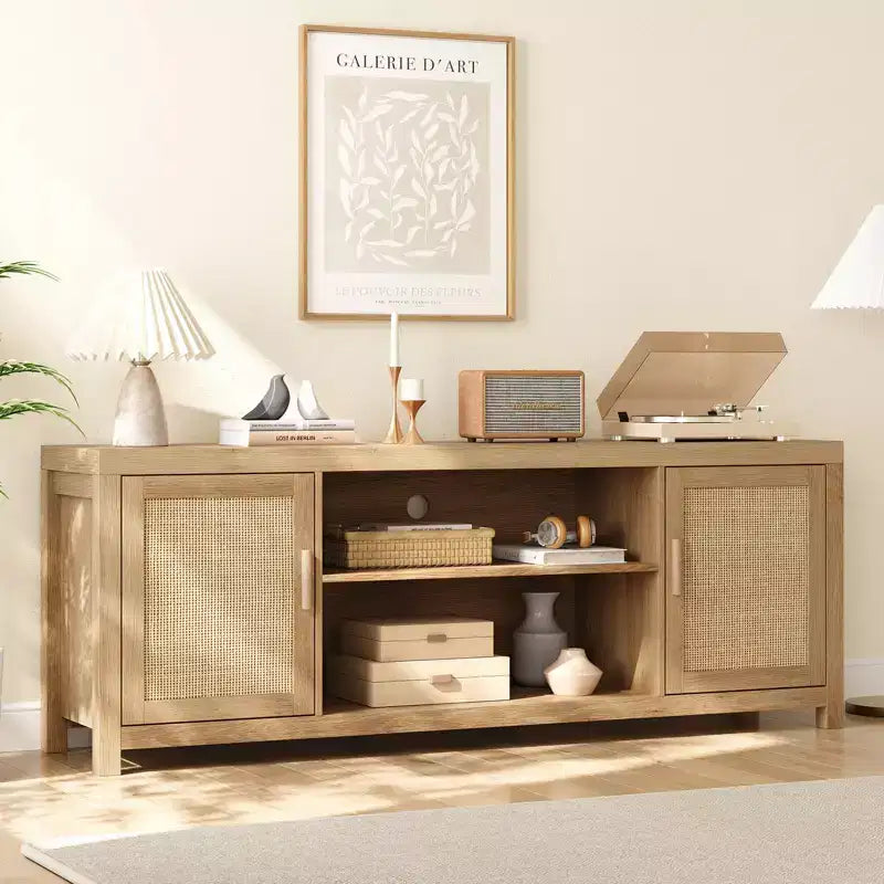 Mobile TV GustoWave Boho, Mobile TV in Rattan con Ripiani Regolabili e Contenitore, Rovere Naturale