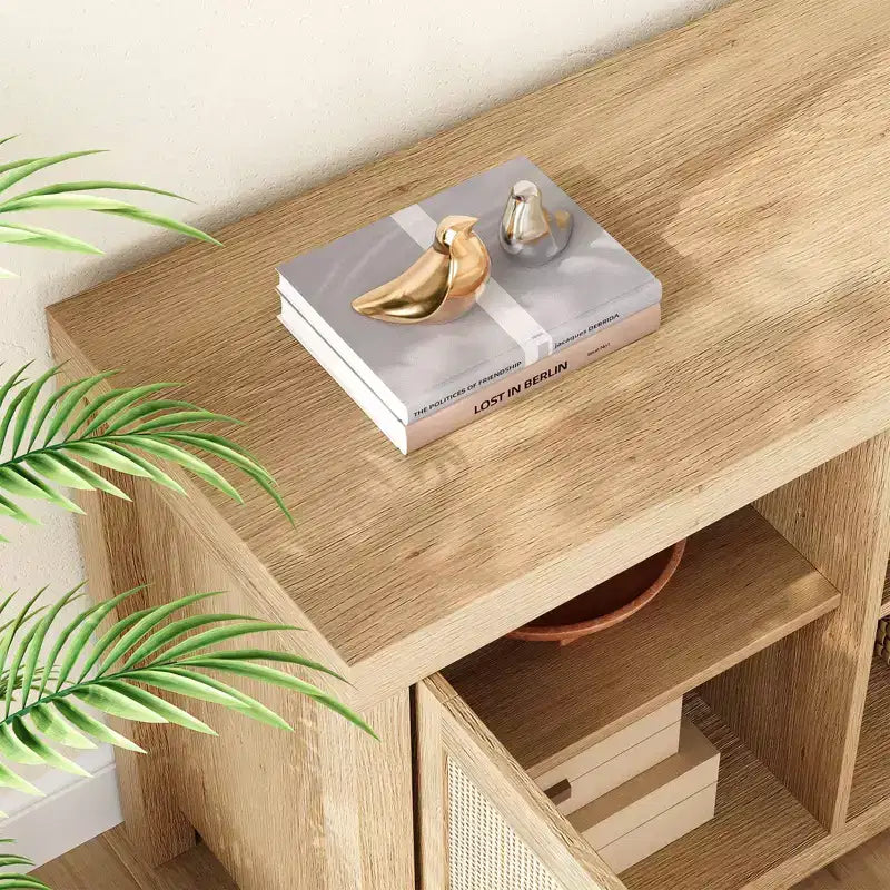 Mobile TV GustoWave Boho, Mobile TV in Rattan con Ripiani Regolabili e Contenitore, Rovere Naturale