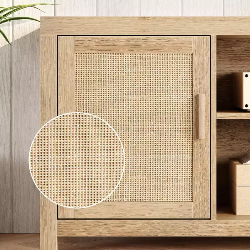 Mobile TV GustoWave Boho, Mobile TV in Rattan con Ripiani Regolabili e Contenitore, Rovere Naturale