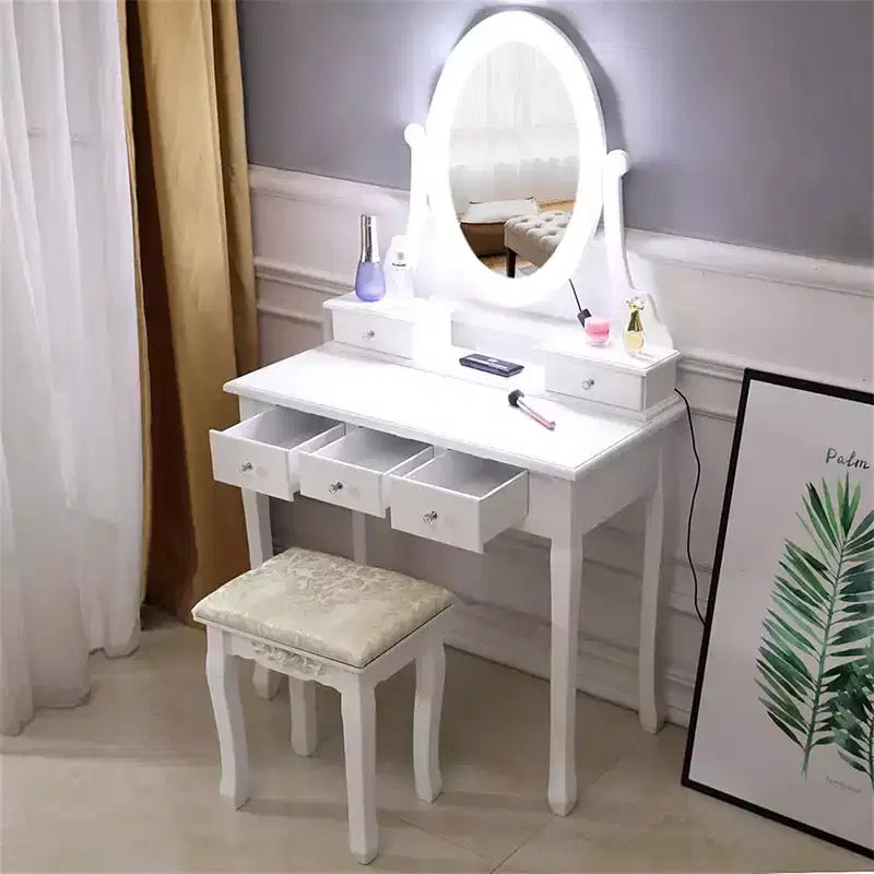 Comò a 5 cassetti con specchio singolo e lampadina per accessori domestici