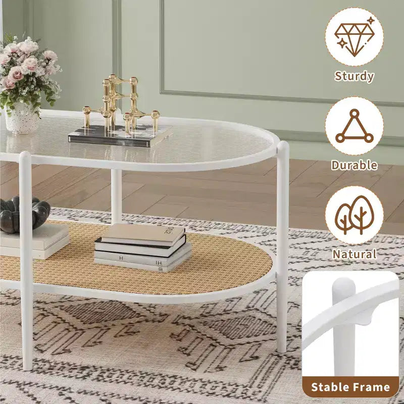 Tavolino da Caffè in Rattan da 37 pollici, Tavolino Centrale Ovale a 2 Livelli in Legno con Piano in Vetro Temperato, Tavolino da Cocktail per Soggiorno Camera da Letto Ufficio