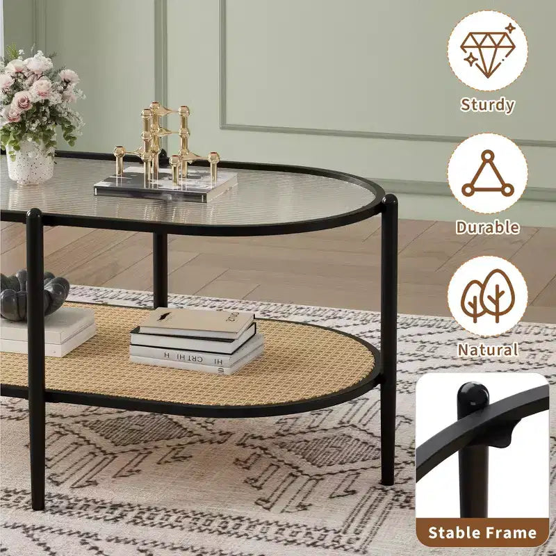 Tavolino da Caffè in Rattan da 37 pollici, Tavolino Centrale Ovale a 2 Livelli in Legno con Piano in Vetro Temperato, Tavolino da Cocktail per Soggiorno Camera da Letto Ufficio