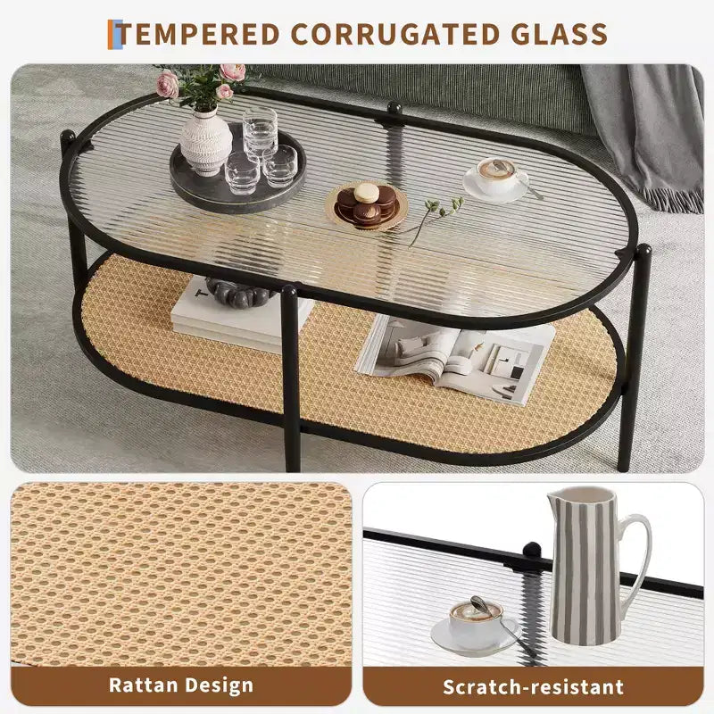 Tavolino da Caffè in Rattan da 37 pollici, Tavolino Centrale Ovale a 2 Livelli in Legno con Piano in Vetro Temperato, Tavolino da Cocktail per Soggiorno Camera da Letto Ufficio