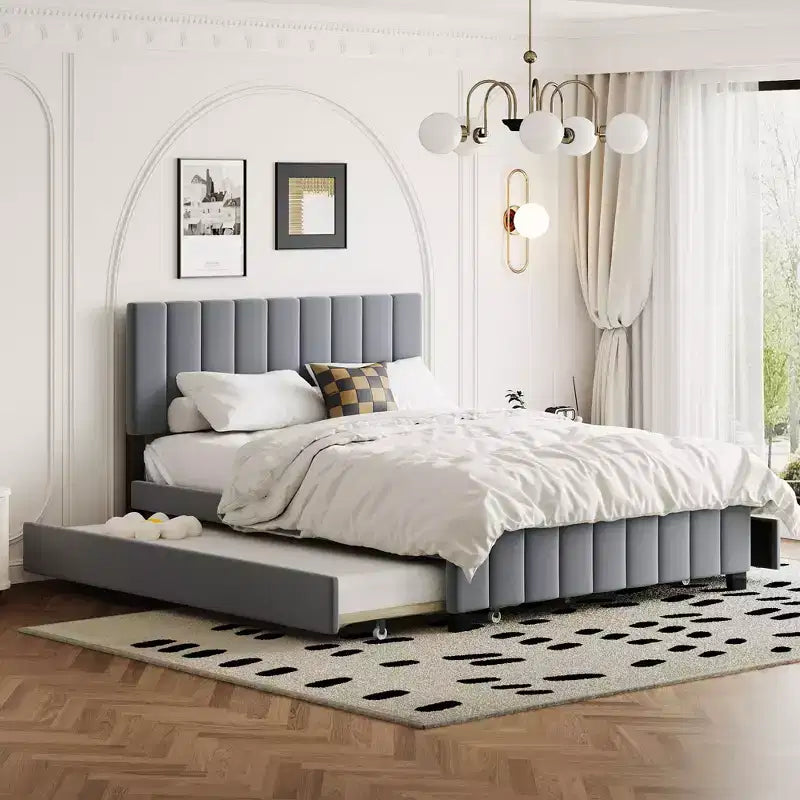 Letto imbottito Queen size con sistema di sollevamento idraulico e vano contenitore - Beige