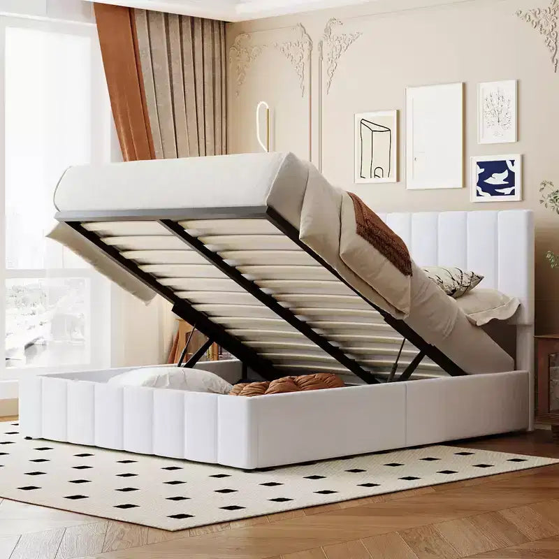 Letto imbottito Queen size con sistema di sollevamento idraulico e vano contenitore - Beige