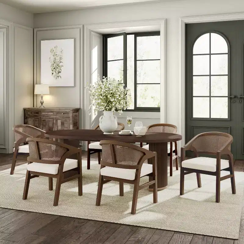 Christopher Knight Home Ilumia Set da 7 Pezzi Rustico in Rattan e Gomma, Sedie da Pranzo Imbottite con Tavolo Ovale a Doppio Basamento