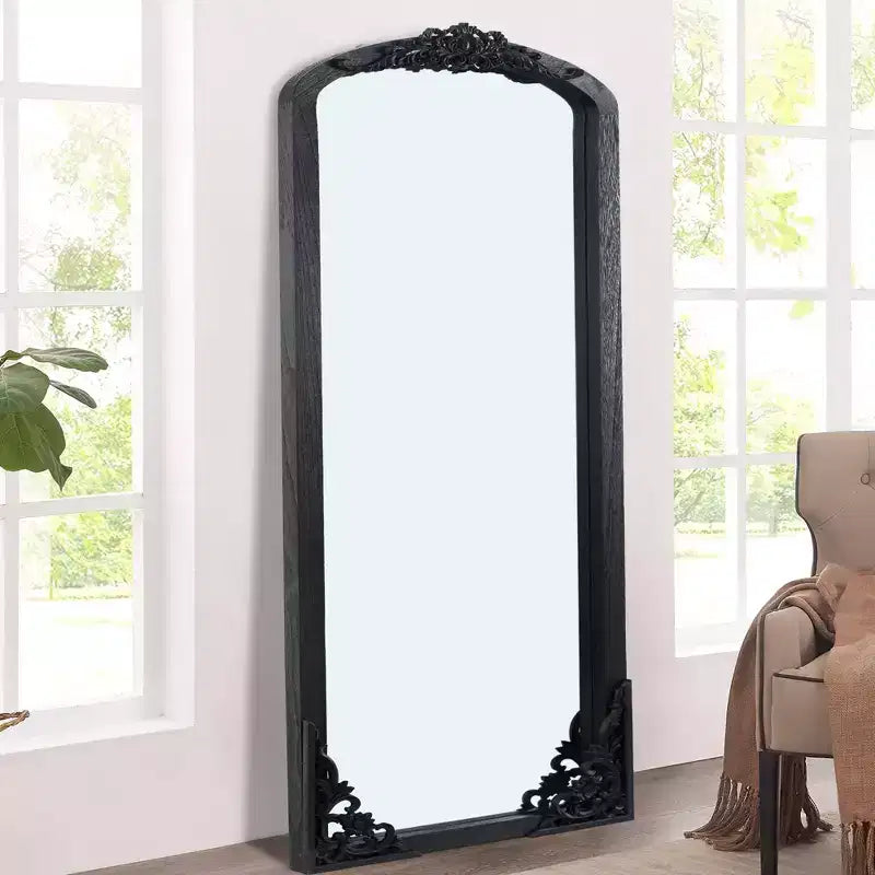 Specchio a figura intera PexFix 28" L x 67" A con cornice in legno massello ad arco in stile rustico, intagliato a mano, colore nero