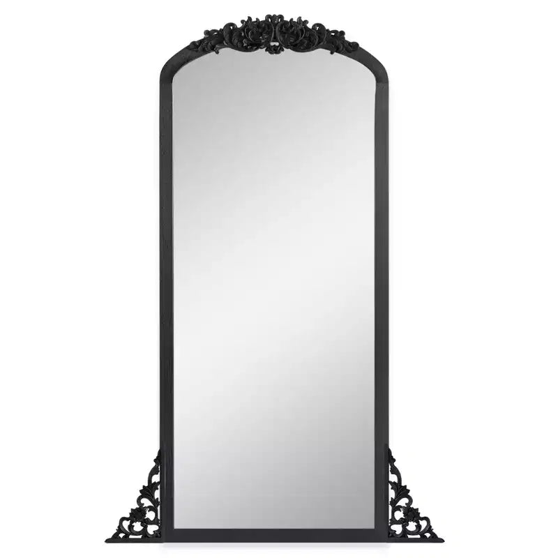 Specchio a figura intera PexFix 28" L x 67" A con cornice in legno massello ad arco in stile rustico, intagliato a mano, colore nero