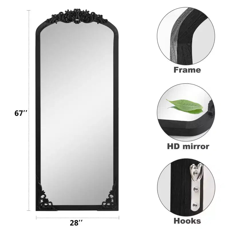 Specchio a figura intera PexFix 28" L x 67" A con cornice in legno massello ad arco in stile rustico, intagliato a mano, colore nero