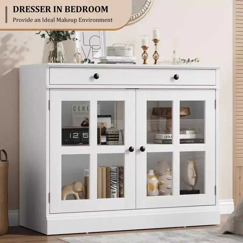 Credenze a Buffet con Anta in Vetro, Credenza da 35,4" con Cassetto Contenitore, Design Adattabile