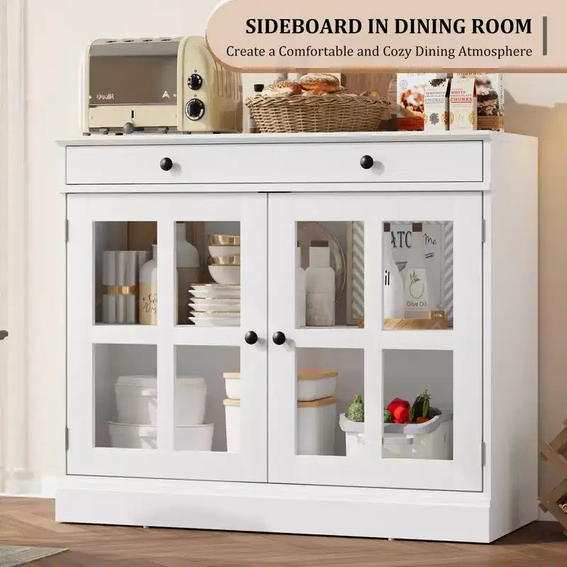Credenze a Buffet con Anta in Vetro, Credenza da 35,4" con Cassetto Contenitore, Design Adattabile