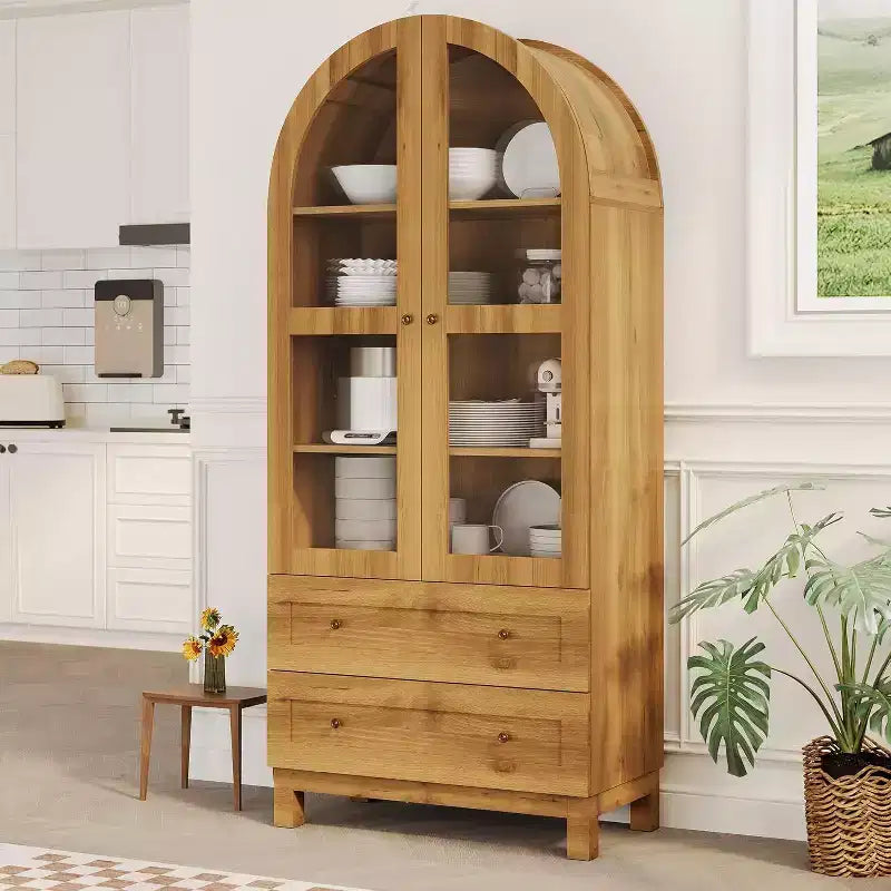 Acekool Farmhouse Arched Pantry Cabinet, Tall Kitchen Storage Cupboard with Drawers, Adjustable Shelves & Acrylic Doors, Light Oak