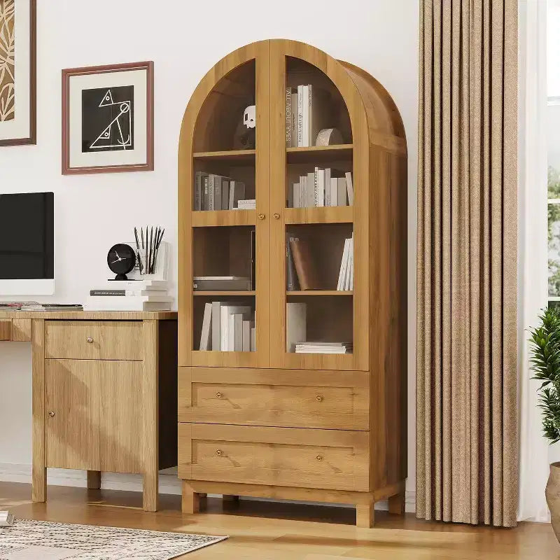 Acekool Armadietto Dispensa ad Arco in Stile Rustico, Mobile Credenza da Cucina Alto con Cassetti, Ripiani Regolabili e Ante in Acrilico, Rovere Chiaro