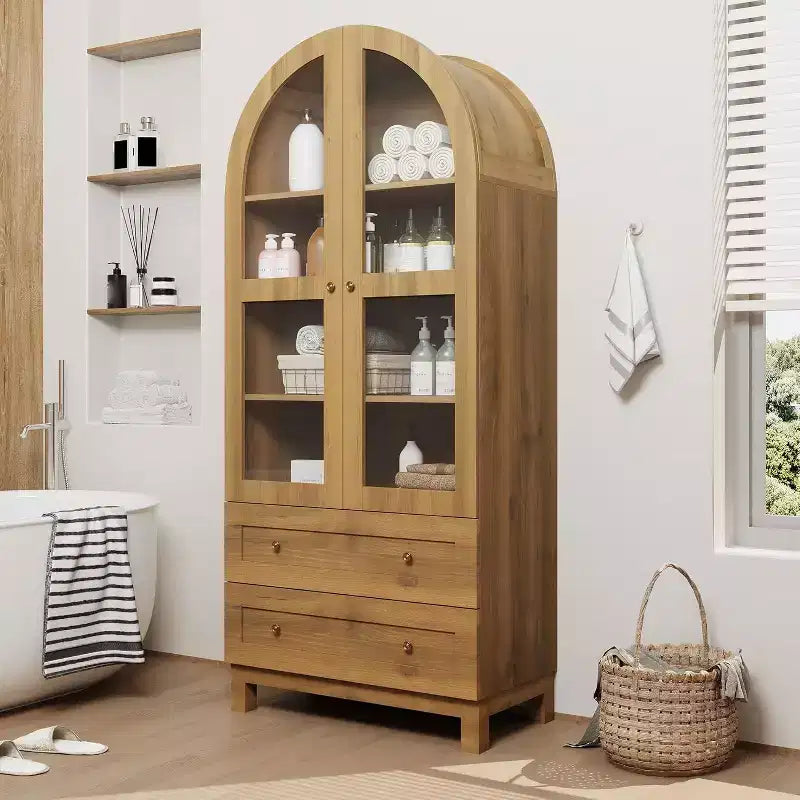 Acekool Armadietto Dispensa ad Arco in Stile Rustico, Mobile Credenza da Cucina Alto con Cassetti, Ripiani Regolabili e Ante in Acrilico, Rovere Chiaro