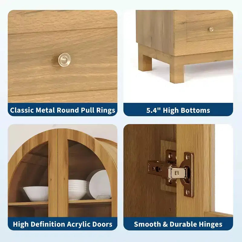 Acekool Armadietto Dispensa ad Arco in Stile Rustico, Mobile Credenza da Cucina Alto con Cassetti, Ripiani Regolabili e Ante in Acrilico, Rovere Chiaro