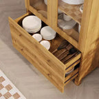 Acekool Armadietto Dispensa ad Arco in Stile Rustico, Mobile Credenza da Cucina Alto con Cassetti, Ripiani Regolabili e Ante in Acrilico, Rovere Chiaro