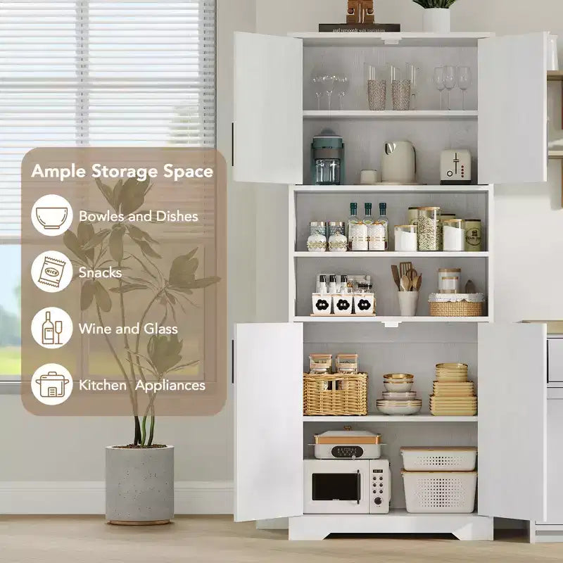Dispensa da Cucina, Armadio a 4 Ante con Supporto per Microonde e Cassetto, Ripiano Regolabile, Grigio