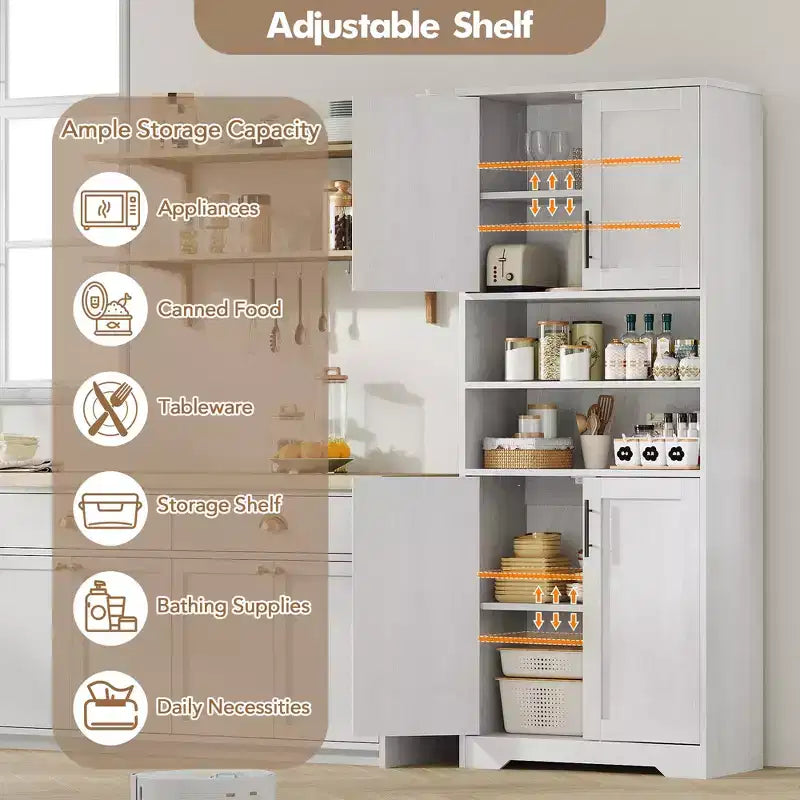 Dispensa da Cucina, Armadio a 4 Ante con Supporto per Microonde e Cassetto, Ripiano Regolabile, Grigio