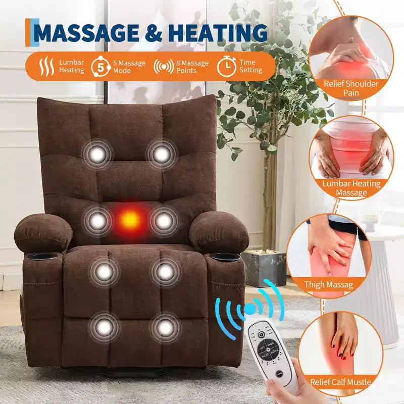 Poltrona Reclinabile Power Lift per Anziani con Massaggio e Calore, Poltrona Reclinabile Girevole con Funzione Dondolo Imbottita e Morbida, Tasca Laterale e Portabicchieri