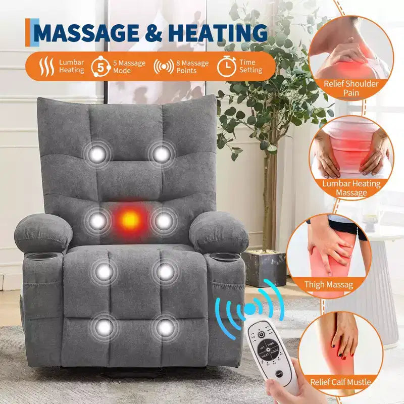 Poltrona Reclinabile Power Lift per Anziani con Massaggio e Calore, Poltrona Reclinabile Girevole con Funzione Dondolo Imbottita e Morbida, Tasca Laterale e Portabicchieri