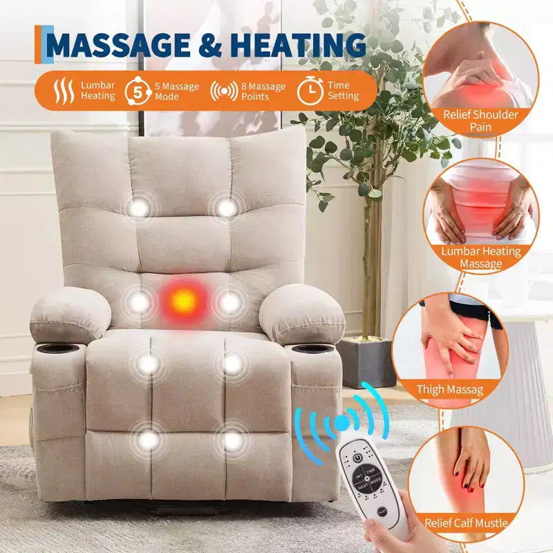 Poltrona Reclinabile Power Lift per Anziani con Massaggio e Calore, Poltrona Reclinabile Girevole con Funzione Dondolo Imbottita e Morbida, Tasca Laterale e Portabicchieri