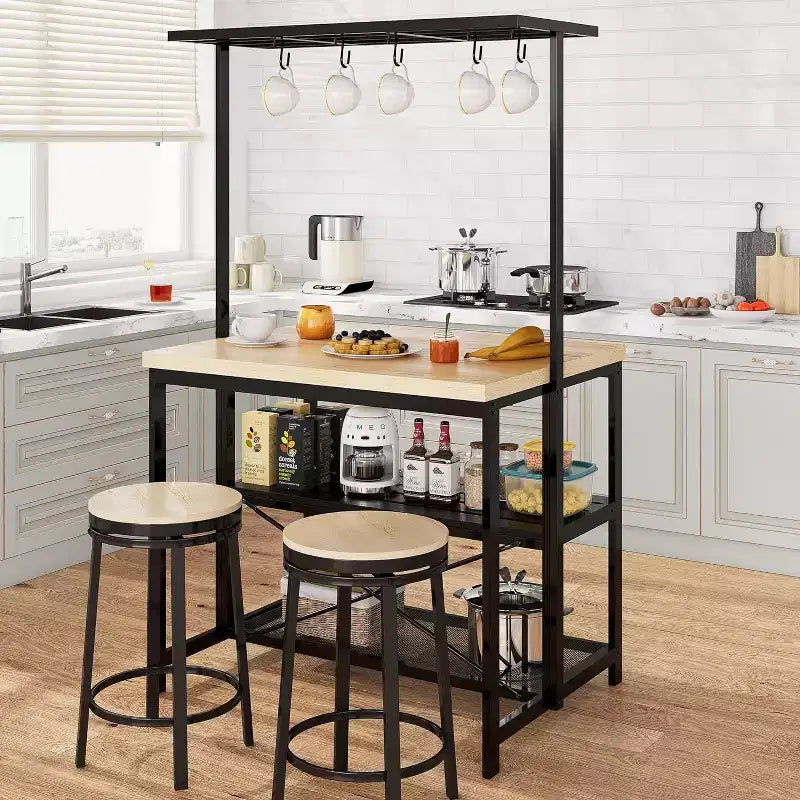 Isola da Cucina da 42" - Mobile per Microonde e Scaffale per Panettiere con Scaffali a 3 Livelli, 5 Ganci e Piano Rimovibile (Naturale)