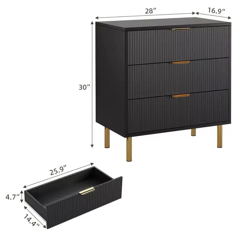 Comò Nero, Comò Moderno a 3 Cassetti per Camera da Letto con Maniglia Dorata e Cassetto Grande
