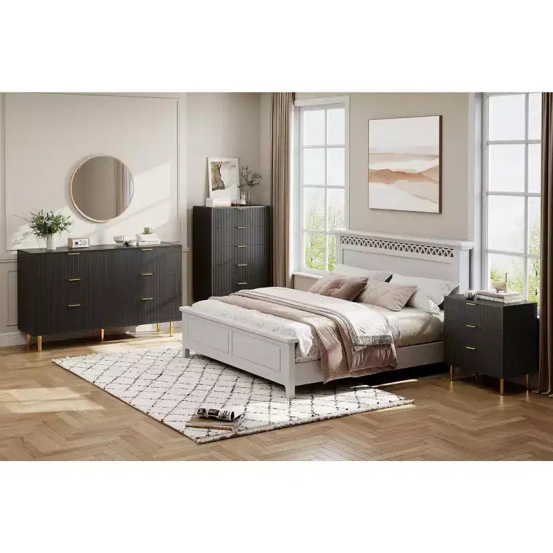Comò Nero, Comò Moderno a 3 Cassetti per Camera da Letto con Maniglia Dorata e Cassetto Grande
