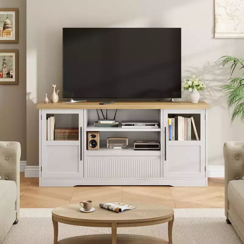 TV Stand Fits TV up to 72'', Wave Pattern Entertainment Center with 2 Glass Door Cabinets, TV Media Console with 2 Open Doors (Natural+White)