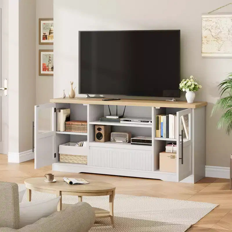 Mobile TV adatto per televisori fino a 72'', Mobile TV con motivo a onde e 2 ante in vetro, Consolle TV multimediale con 2 ante aperte (Naturale+Bianco)