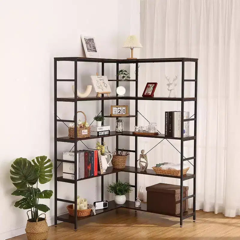 Acekool 5-Tier L-Shaped Bookcase, Metal Frame Corner Bookshelf with Open Storage and Curved Panels, Vintage Industrial for Living Room, Office
