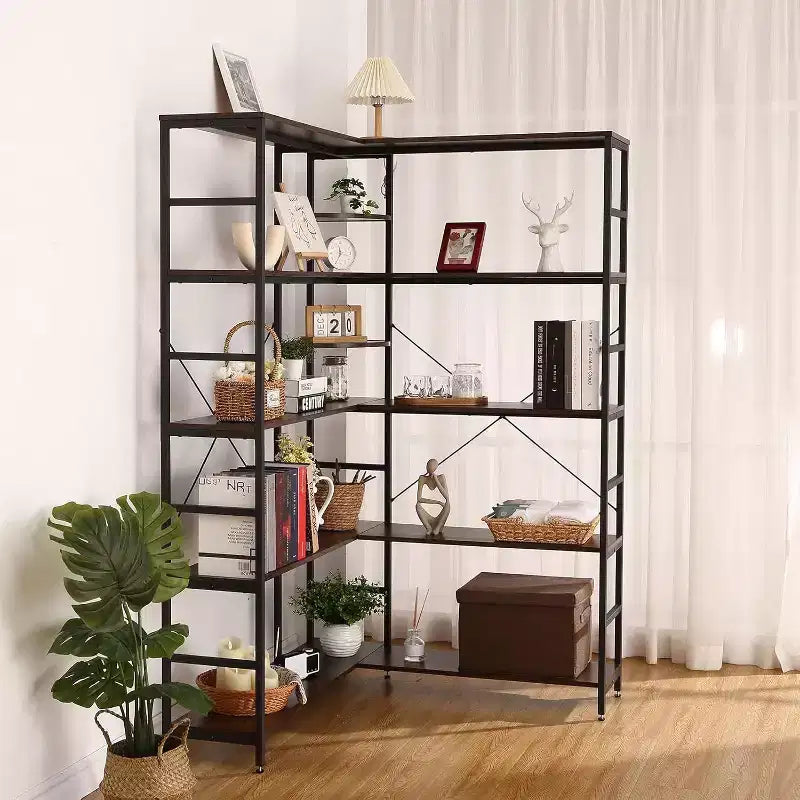 Acekool Libreria angolare a L a 5 ripiani, Scaffale angolare con struttura in metallo con ripiani aperti e pannelli curvi, Stile industriale vintage per soggiorno, ufficio