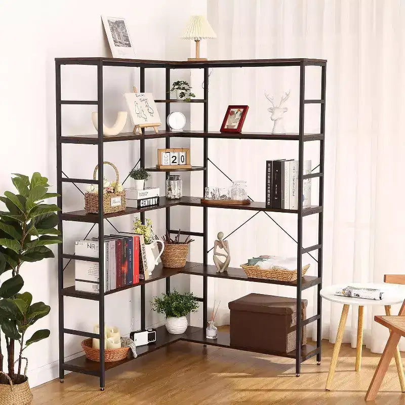 Acekool Libreria angolare a L a 5 ripiani, Scaffale angolare con struttura in metallo con ripiani aperti e pannelli curvi, Stile industriale vintage per soggiorno, ufficio